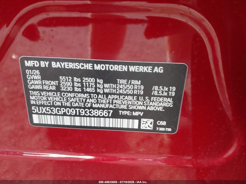 2026 BMW X3 30 xDrive VIN: 5UX53GP09T9338667 Lot: 45633689