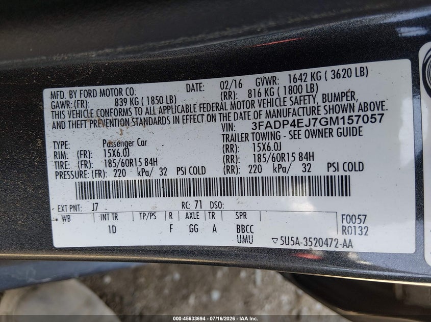 2016 Ford Fiesta Se VIN: 3FADP4EJ7GM157057 Lot: 45633694