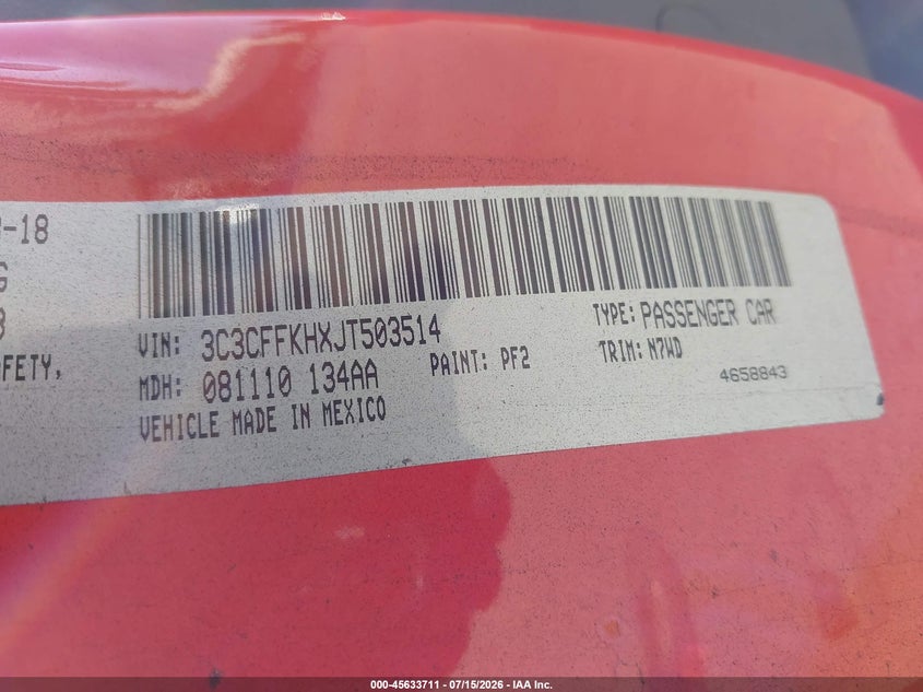 2018 Fiat 500 Pop VIN: 3C3CFFKHXJT503514 Lot: 45633711