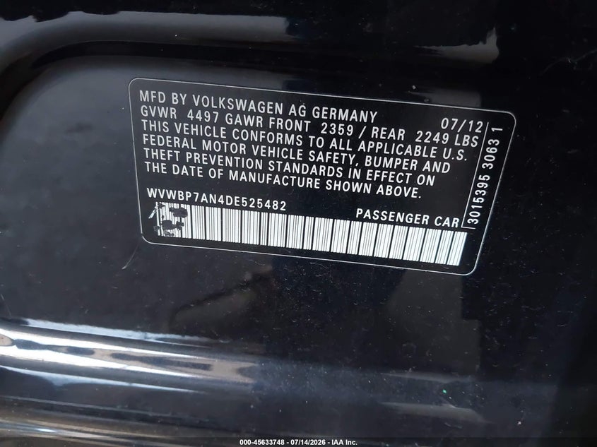 2013 Volkswagen Cc 2.0T Sport VIN: WVWBP7AN4DE525482 Lot: 45633748
