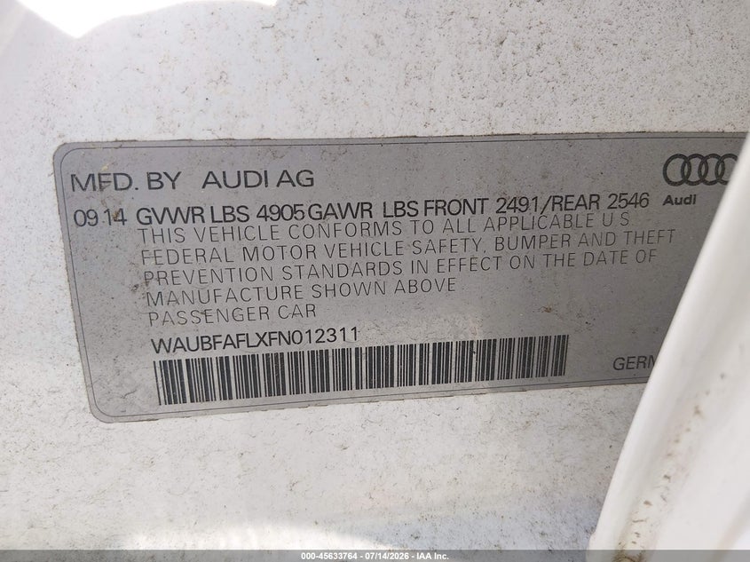 2015 Audi A4 2.0T Premium VIN: WAUBFAFLXFN012311 Lot: 45633764