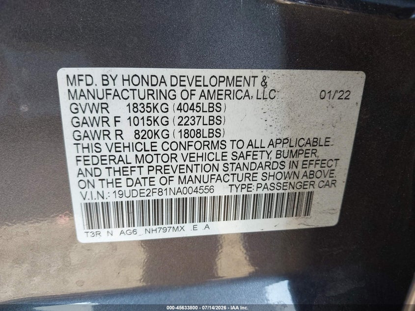 2022 Acura Ilx Premium A-Spec Packages/Technology A-Spec Packages VIN: 19UDE2F81NA004556 Lot: 45633800