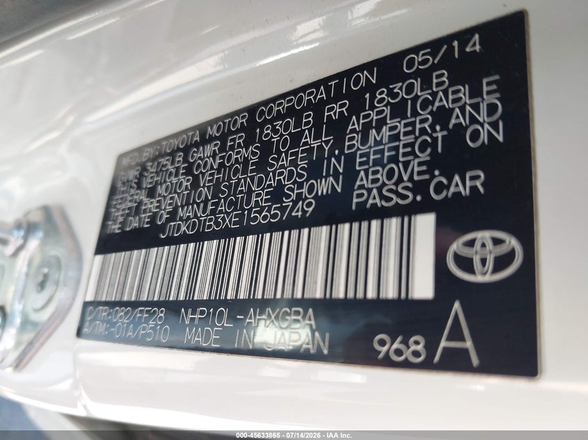 2014 Toyota Prius C Three VIN: JTDKDTB3XE1565749 Lot: 45633865