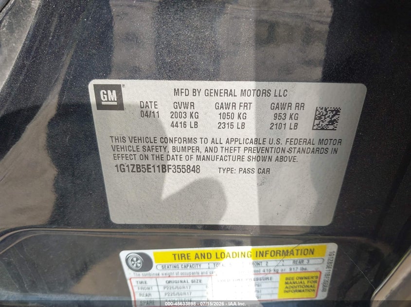 2011 Chevrolet Malibu Ls VIN: 1G1ZB5E11BF355848 Lot: 45633898