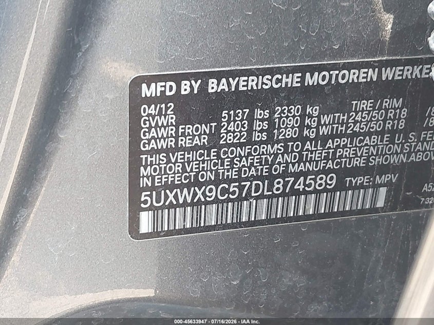 2013 BMW X3 xDrive28I VIN: 5UXWX9C57DL874589 Lot: 45633947