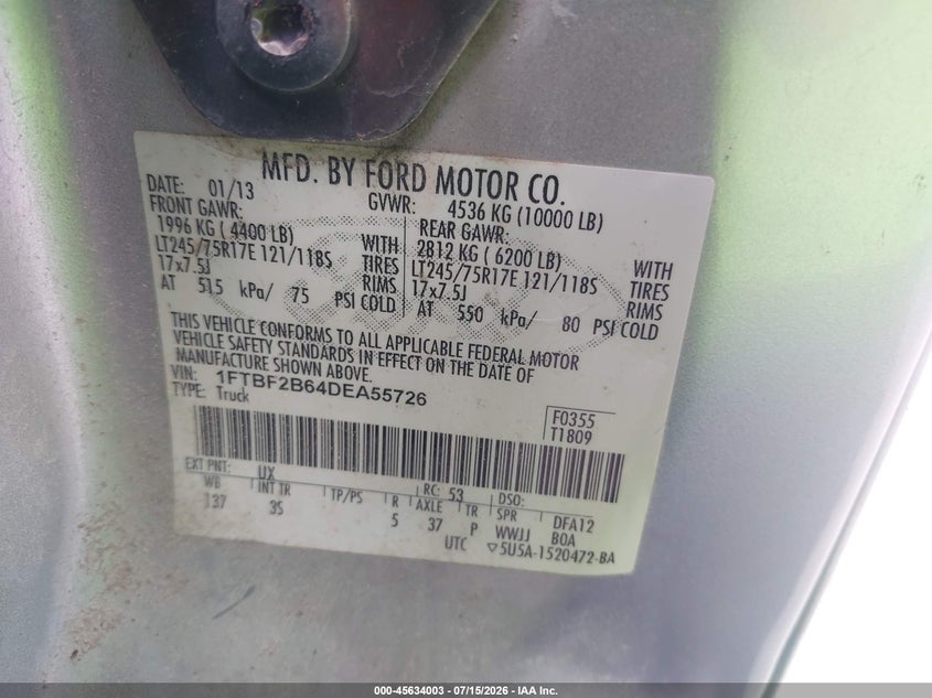 2013 Ford Super Duty F-250 Srw Xlt VIN: 1FTBF2B64DEA55726 Lot: 45634003