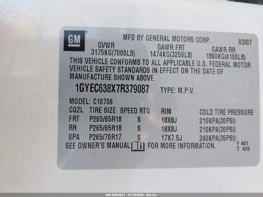2007 Cadillac Escalade Standard VIN: 1GYEC638X7R379087 Lot: 45634021