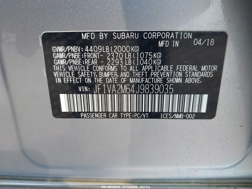 2018 Subaru Wrx Sti VIN: JF1VA2M64J9839035 Lot: 45634035