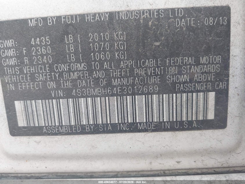 2014 Subaru Legacy 2.5 I Sport VIN: 4S3BMBH64E3012689 Lot: 45634077