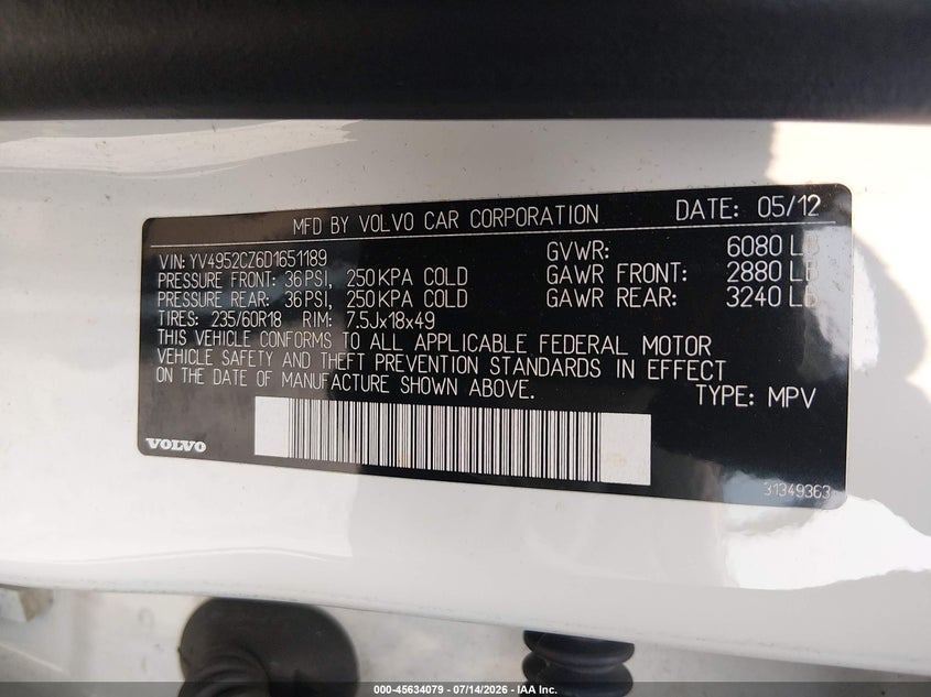 2013 Volvo Xc90 3.2/3.2 Platinum/3.2 Premier Plus VIN: YV4952CZ6D1651189 Lot: 45634079