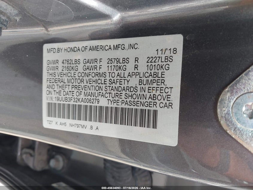 2019 Acura Tlx Standard VIN: 19UUB3F32KA006279 Lot: 45634093
