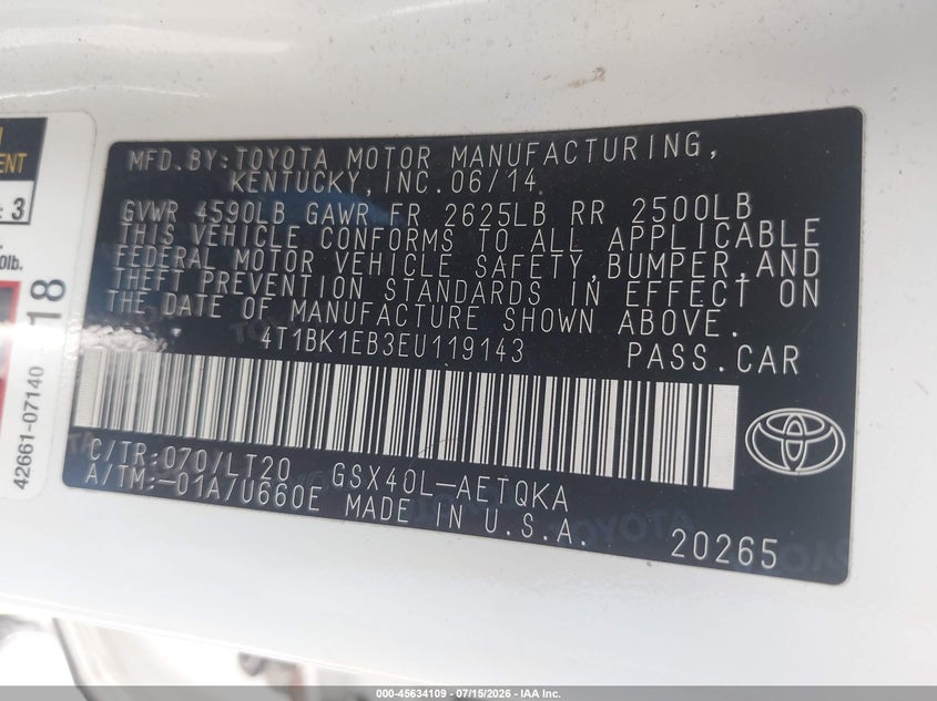 2014 Toyota Avalon Xle Touring VIN: 4T1BK1EB3EU119143 Lot: 45634109