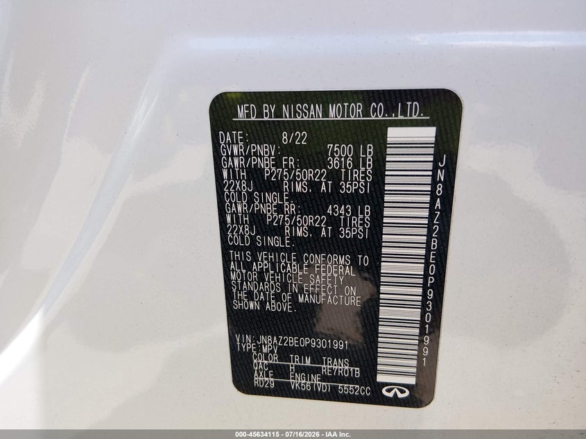 2023 Infiniti Qx80 Sensory Awd VIN: JN8AZ2BE0P9301991 Lot: 45634115