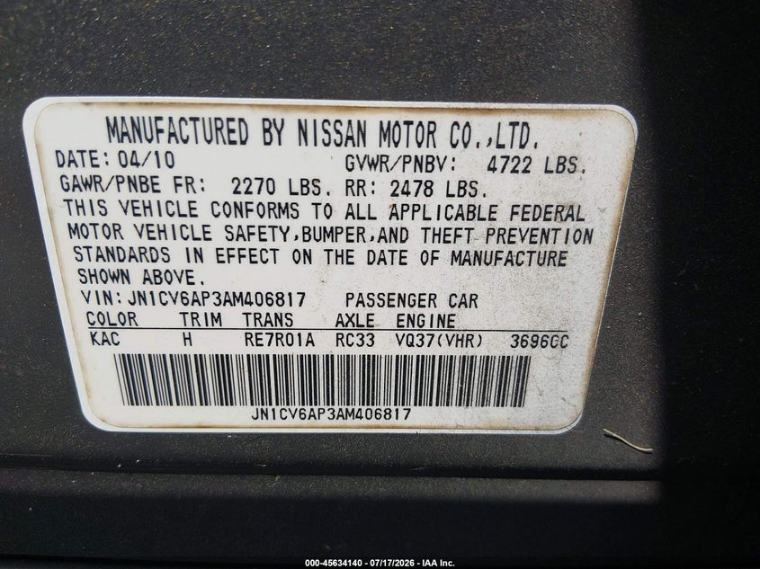 2010 Infiniti G37 Journey VIN: JN1CV6AP3AM406817 Lot: 45634140