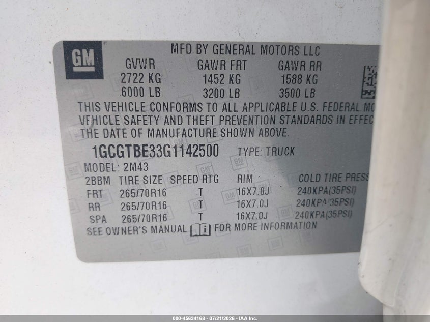 2016 Chevrolet Colorado 4Wd Wt VIN: 1GCGTBE33G1142500 Lot: 45634168