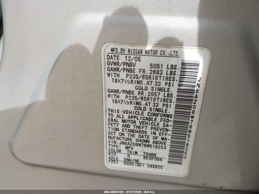 2006 Nissan Murano S VIN: JN8AZ08W76W519253 Lot: 45634185