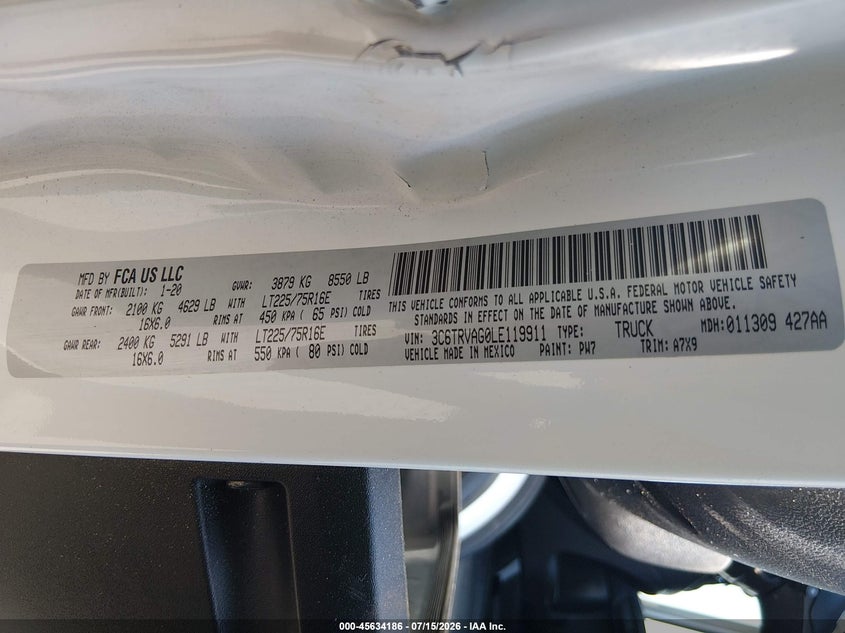 2020 Ram Promaster 1500 Low Roof 136 Wb VIN: 3C6TRVAG0LE119911 Lot: 45634186