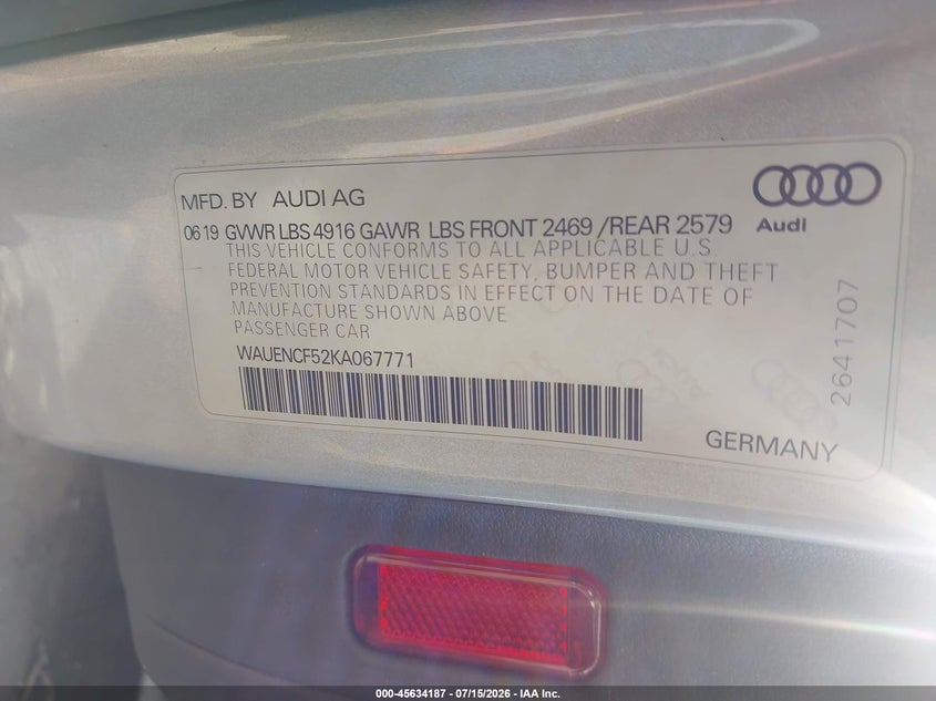 2019 Audi A5 45 Premium VIN: WAUENCF52KA067771 Lot: 45634187