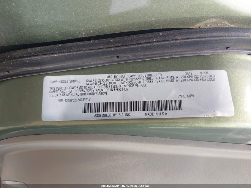 2006 Subaru Outback 2.5I Limited VIN: 4S4BP62C667307151 Lot: 45634201
