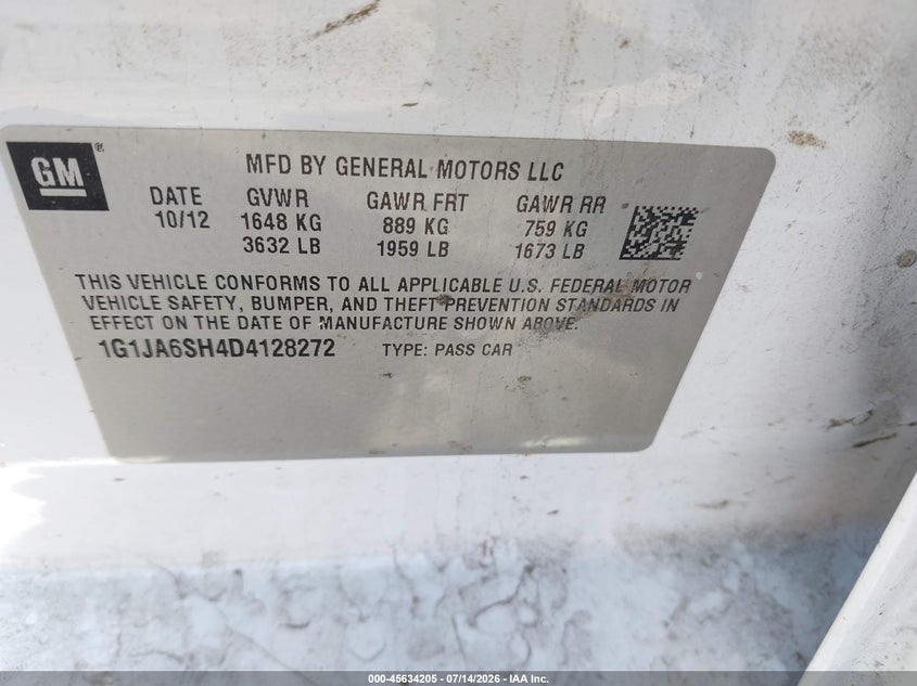 2013 Chevrolet Sonic Ls Auto VIN: 1G1JA6SH4D4128272 Lot: 45634205