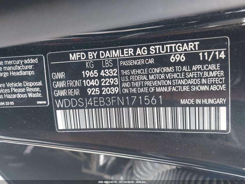 2015 Mercedes-Benz Cla 250 VIN: WDDSJ4EB3FN171561 Lot: 45634218