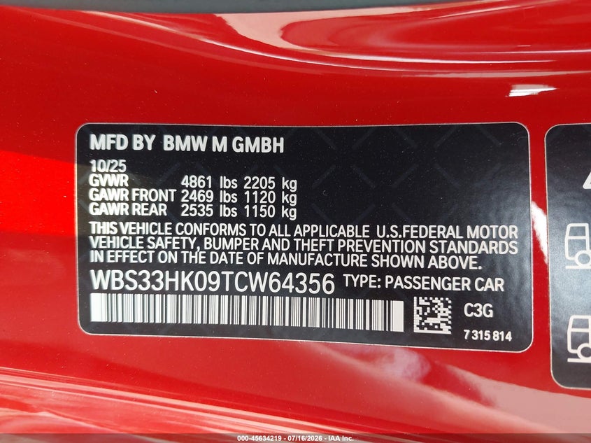 2026 BMW M4 Competition xDrive VIN: WBS33HK09TCW64356 Lot: 45634219