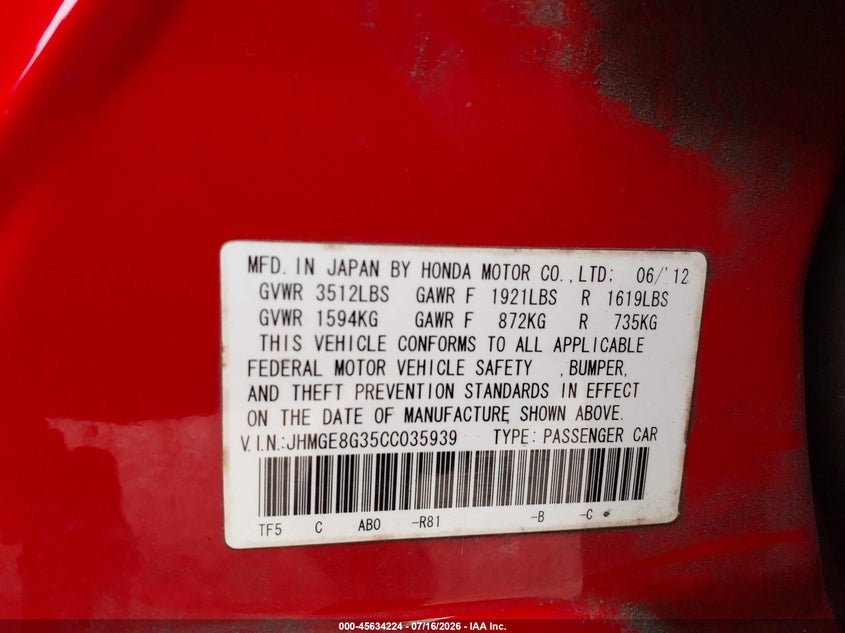 2012 Honda Fit VIN: JHMGE8G35CC035939 Lot: 45634224