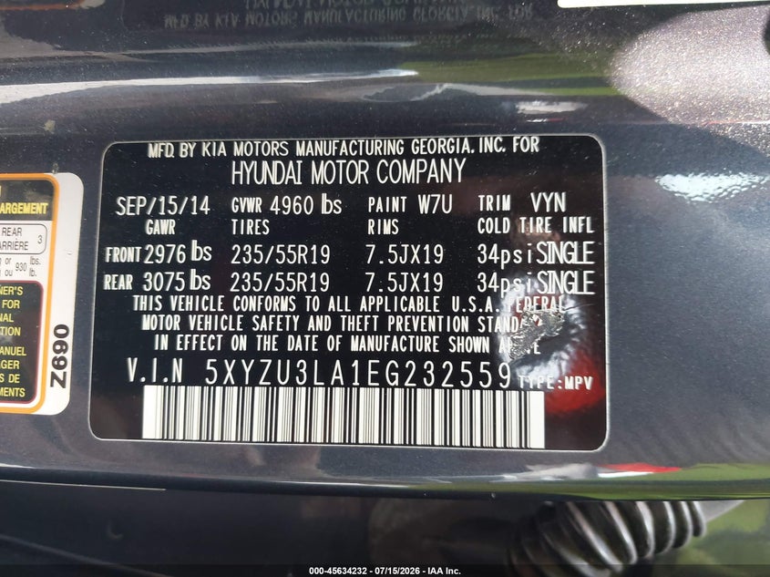 2014 Hyundai Santa Fe Sport 2.0L Turbo VIN: 5XYZU3LA1EG232559 Lot: 45634232