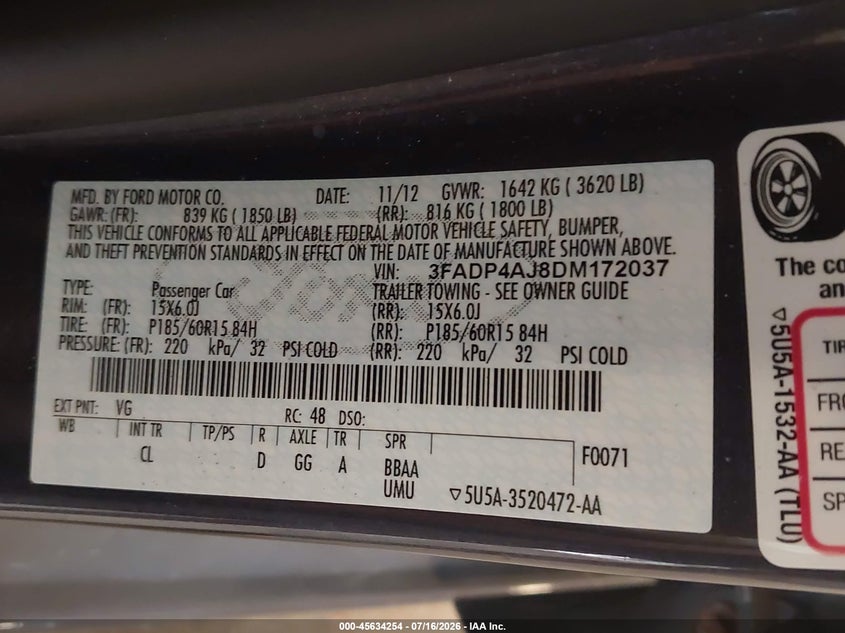 2013 Ford Fiesta S VIN: 3FADP4AJ8DM172037 Lot: 45634254