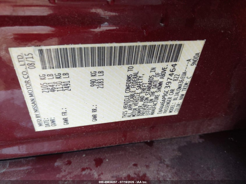2016 Nissan Maxima 3.5 S VIN: 1N4AA6AP9GC397464 Lot: 45634257