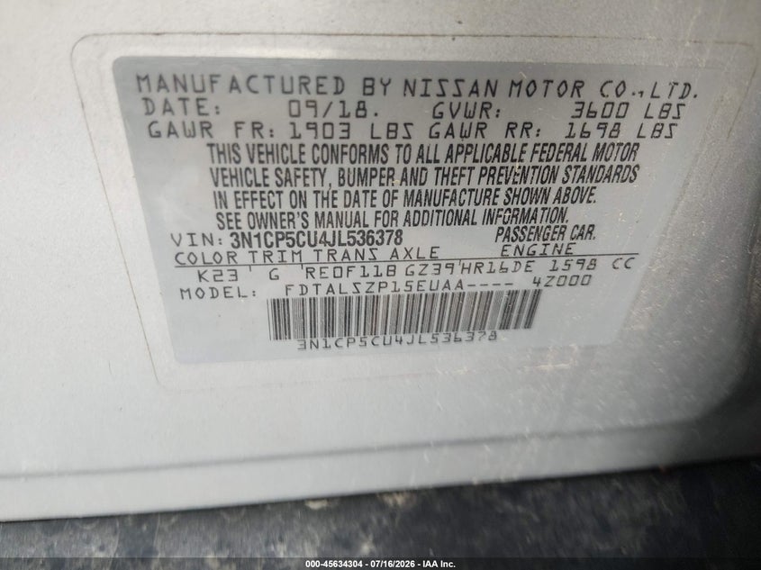 2018 Nissan Kicks Sv VIN: 3N1CP5CU4JL536378 Lot: 45634304