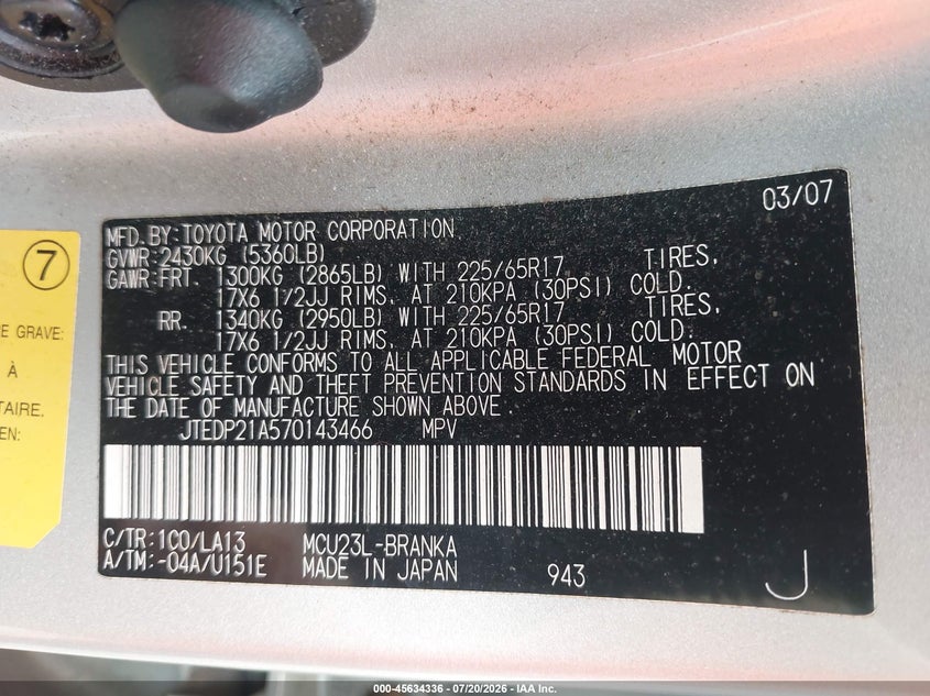 2007 Toyota Highlander Limited W/3Rd Row VIN: JTEDP21A570143466 Lot: 45634336