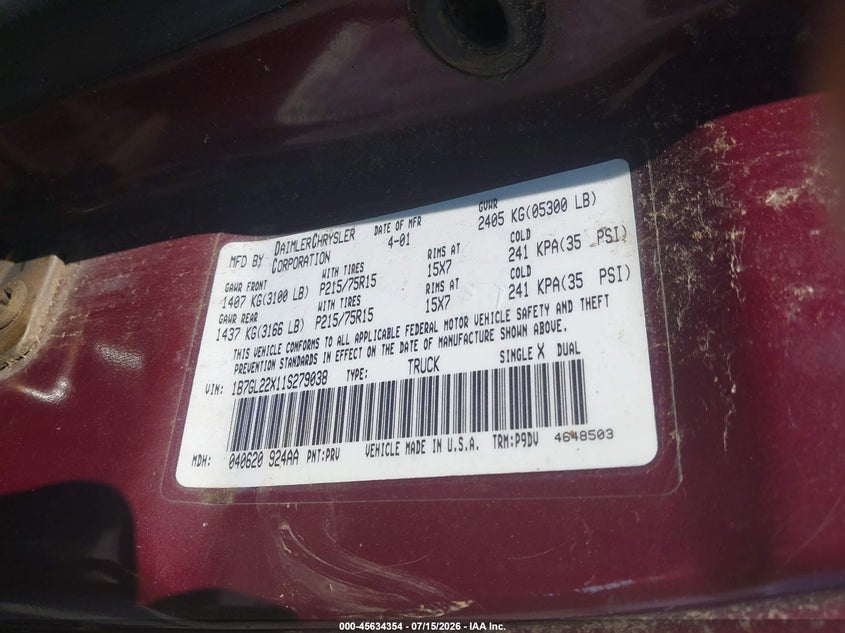2001 Dodge Dakota Slt/Sport VIN: 1B7GL22X11S279038 Lot: 45634354