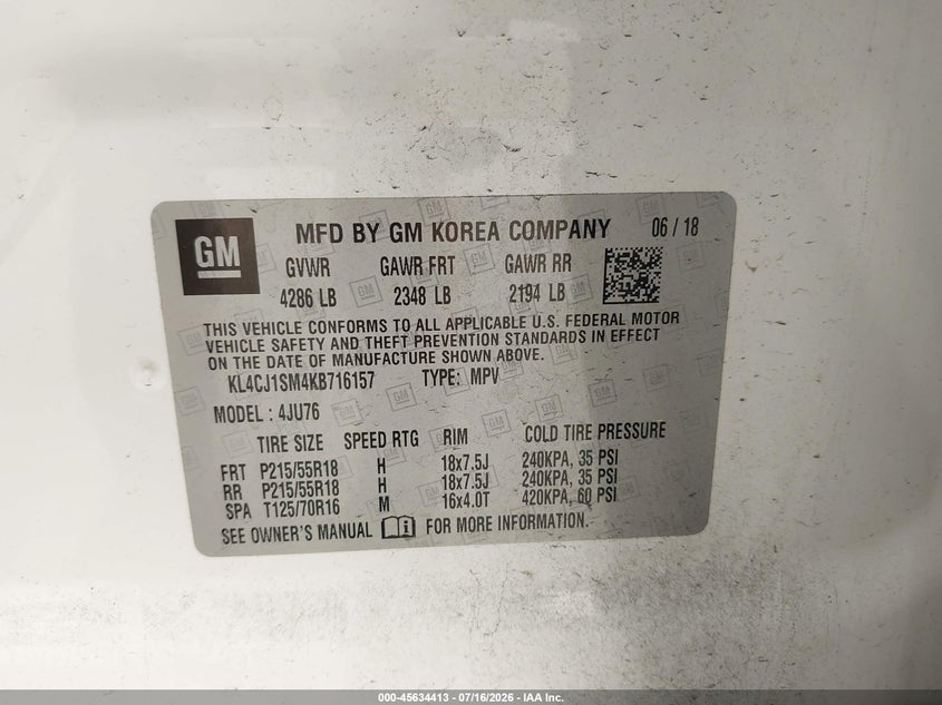 2019 Buick Encore Fwd Sport Touring VIN: KL4CJ1SM4KB716157 Lot: 45634413