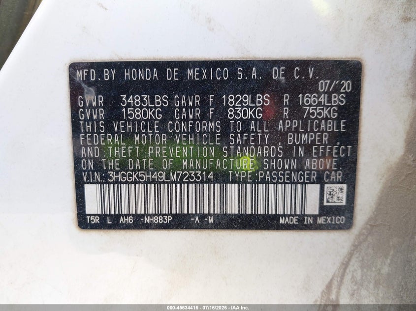 2020 Honda Fit Lx VIN: 3HGGK5H49LM723314 Lot: 45634416