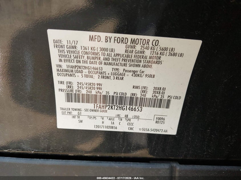 2017 Ford Taurus Sho VIN: 1FAHP2KT2HG146653 Lot: 45634422