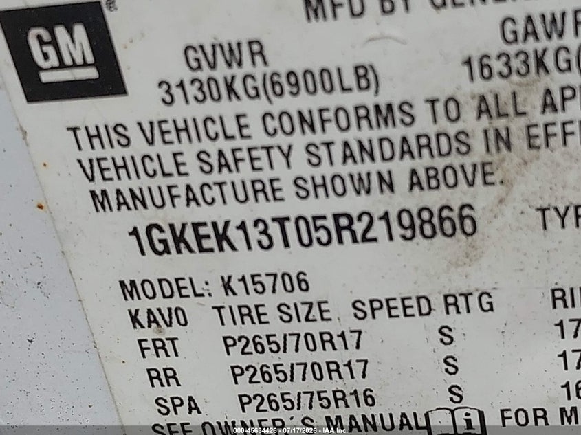 2005 GMC Yukon Slt VIN: 1GKEK13T05R219866 Lot: 45634426