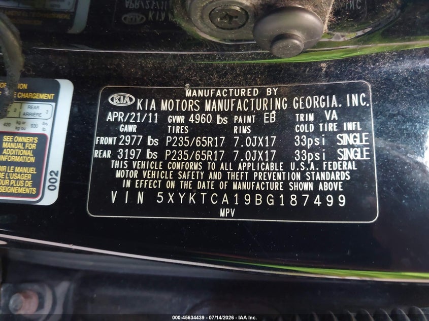 2011 Kia Sorento Lx VIN: 5XYKTCA19BG187499 Lot: 45634439