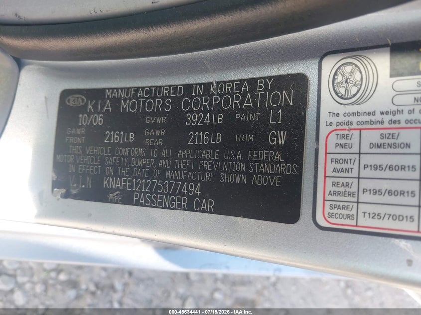 2007 Kia Spectra Ex VIN: KNAFE121275377494 Lot: 45634441