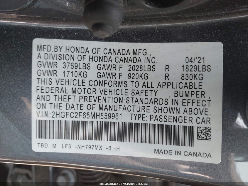 2021 HONDA CIVIC SEDAN 2.0L I-4 DOHC, VVT, 158HP