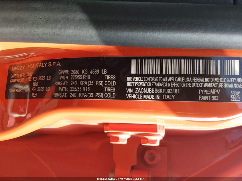 2019 Jeep Renegade Altitude 4X4 VIN: ZACNJBBB6KPJ93181 Lot: 45634452
