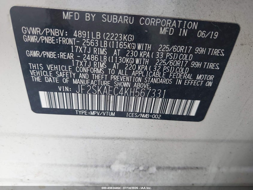2019 Subaru Forester Premium VIN: JF2SKAEC4KH567331 Lot: 45634464