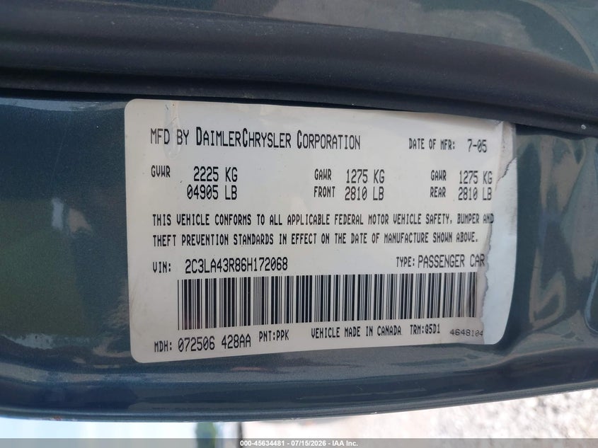 2006 Chrysler 300 VIN: 2C3LA43R86H172068 Lot: 45634481