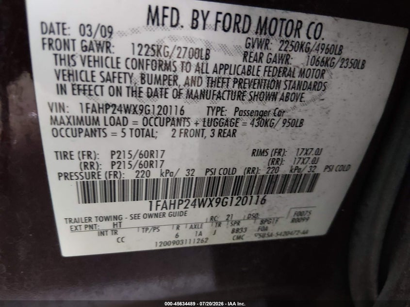 2009 Ford Taurus Sel VIN: 1FAHP24WX9G120116 Lot: 45634489