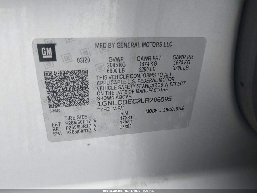 2020 Chevrolet Tahoe 2Wd Commercial Fleet VIN: 1GNLCDEC2LR296595 Lot: 45634495