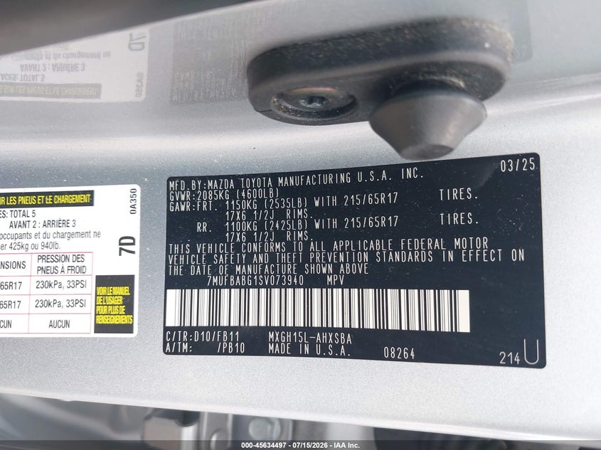 2025 Toyota Corolla Cross Hybrid Se VIN: 7MUFBABG1SV073940 Lot: 45634497