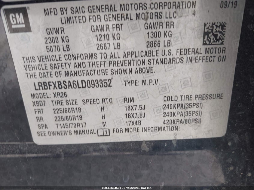 2020 Buick Envision Fwd Preferred VIN: LRBFXBSA6LD093352 Lot: 45634501