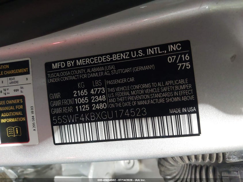 2016 Mercedes-Benz C 300 4Matic VIN: 55SWF4KBXGU174523 Lot: 45634502