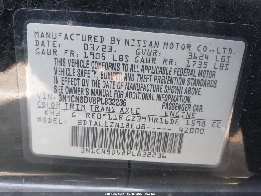 2023 Nissan Versa 1.6 S Xtronic Cvt VIN: 3N1CN8DV8PL832236 Lot: 45634544