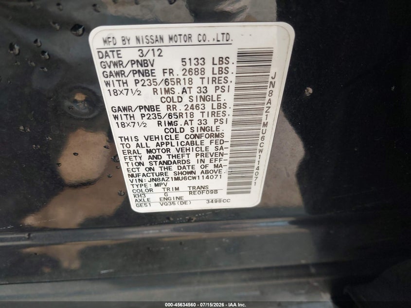 2012 Nissan Murano S VIN: JN8AZ1MU6CW114071 Lot: 45634560